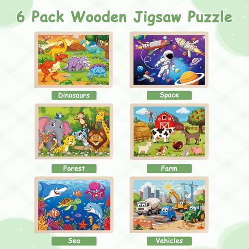 6 Pack Wooden Puzzles for Kids Ages 4-8, 60 Piece Jigsaw Puzzle Set | Preschool Educational Brain Teaser Toys, Animals Dinosaur Space & Vehicles, Educational Toys for Boys and Girls