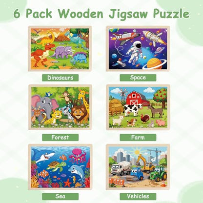 6 Pack Wooden Puzzles for Kids Ages 4-8, 60 Piece Jigsaw Puzzle Set | Preschool Educational Brain Teaser Toys, Animals Dinosaur Space & Vehicles, Educational Toys for Boys and Girls