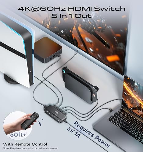 acer 5 in 1 Out HDMI Switch 4K@60Hz HDMI 2.0 with Remote for PS5 Xbox TV | Low-Latency 4K Signal Switching, Supports HDR, HDCP 2.3, DTS & Dolby ATMOS, work for PS5, Xbox, Switch, TV Stick, Projector