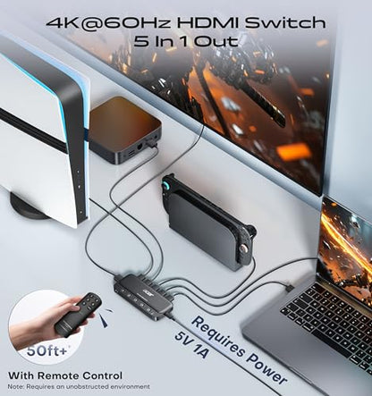 acer 5 in 1 Out HDMI Switch 4K@60Hz HDMI 2.0 with Remote for PS5 Xbox TV | Low-Latency 4K Signal Switching, Supports HDR, HDCP 2.3, DTS & Dolby ATMOS, work for PS5, Xbox, Switch, TV Stick, Projector