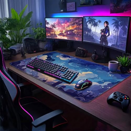 Blue Nebula Aesthetic Large Gaming Mouse Pad Desk Mat 31.5"x15.7" | Extended Mousepad, Non-Slip Rubber Base , Stitched Edges, for Computer/Laptop/Office/Home - color: Blue Nebula