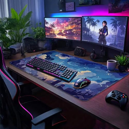 Blue Nebula Aesthetic Large Gaming Mouse Pad Desk Mat 31.5"x15.7" | Extended Mousepad, Non-Slip Rubber Base , Stitched Edges, for Computer/Laptop/Office/Home - color: Blue Nebula