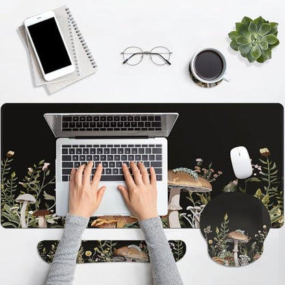 Britimes Black Mushroom Floral Keyboard Mouse Pad Set Plant Flower 4in1 Large Mousepad+Keyboard Wrist Rest+Mouse Wrist Rest+Coaster Ergonomic Design for Home Office Computer 35.4x15.7 inches - color: Black Mushroom Floral