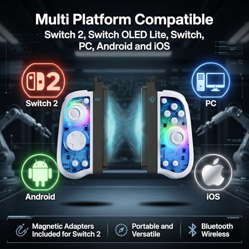 Ynnevation Hall Effect Controller Compatible with Switch, Switch OLED Lite and Switch 2 with Magnetic Charging Adapters Included Wireless RGB Gamepad with Programmable Back Buttons Turbo Motion Control