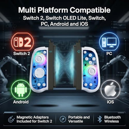 Ynnevation Hall Effect Controller Compatible with Switch, Switch OLED Lite and Switch 2 with Magnetic Charging Adapters Included Wireless RGB Gamepad with Programmable Back Buttons Turbo Motion Control