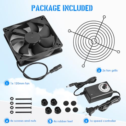 120mm IP67 Waterproof Cooling Fan 3000 RPM with Speed Controller, 12V High-Performance High-Speed Ventilation Fan, Dustproof & Weatherproof for Grow Tent, AV Cabinet, Boat, Outdoor Equipment