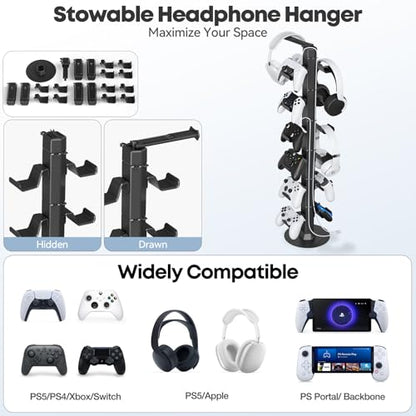 Gaming Controller & Headset Holder Stand for Desk, with Charger Cable Organizer Headphone Stand for PS5/ Xbox/ PS4/ Switch, Metal Base Controller Hook for Storage with 360° Rotatable Hanger- 6 Tiers - size: 6 Tiers