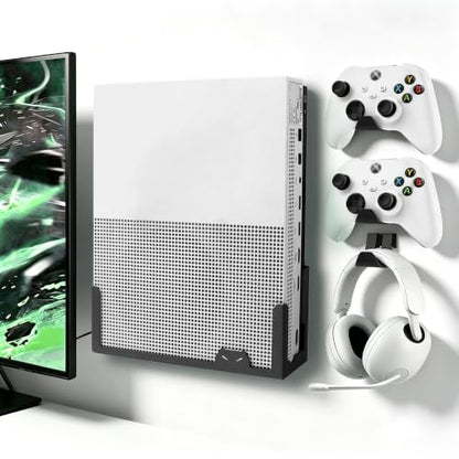 BracNova Wall Mount for Xbox One S with 2 Detachable Controller Holder and 1 Headphone Hook,Metal Stand for Xbox One S Accessories(Mounts Xbox 1S by TV)