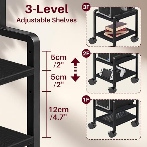 Adjustable 2-Tier PC Stand, Computer Tower Stand with 360° Locking Wheels & Hooks, CPU Cart for Floor, Carpet and Under Desk, 15.2" x 11.8" x 26", Black - color: Black