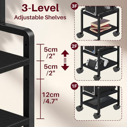 Adjustable 2-Tier PC Stand, Computer Tower Stand with 360° Locking Wheels & Hooks, CPU Cart for Floor, Carpet and Under Desk, 15.2" x 11.8" x 26", Black - color: Black