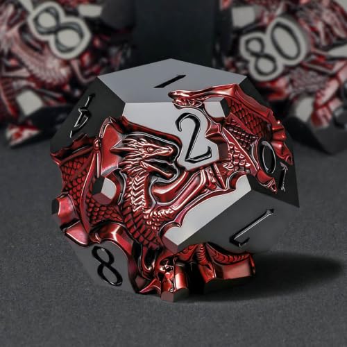 Roycevon Relief Dragon DND Dice Set for Role Playing Game, 7Pcs Metal D&D Dice Set Dungeons Dragons with Gift Box, Polyhedral D and D Dice D20 D12 D10 D8 D6 D4, Red and Black - color: Red