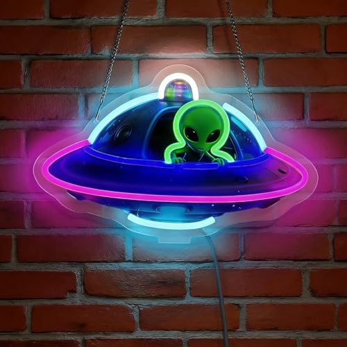 LED Alien Neon Sign Light Up UFO Lights Lighted Space Neon Signs with Base for Bedroom Dorm Hallway Garage Man Cave Bar Gaming Room Wall Decor Desktop Counter Art or Gifts - color: UFO