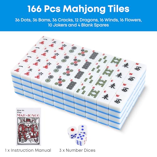 American Mahjong Tile Set, 166 Pcs 1.2" Mahjong Tiles with 3 Dices 1 Instruction, Mahjong Game Set for Adult Family & Friends Gatherings, Mahjong Lovers, Beginners (Blue) - color: Blue