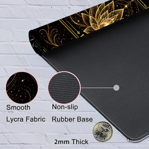 Playmat for MTG with Zones, 24 x 14 Inch Card Game Mat, Stitched Edges, Non Slip Rubber Base, 2mm Washable Play Mat with Storage Bag, Lotus Flower Design, Gold Color - color: Gold