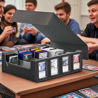 4-Row Trading Card Storage Box – Holds 3000+ Cards – Commander Display Slot, Magnetic Removable Lid, PU Leather Deck Box – Compatible with MTG Commander, TCG,(T2400Black&Gray) - color: T2400Black&Gray