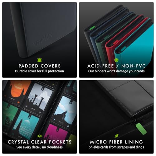 Vault X 12 Pocket Zip Trading Card Binder 480 Cards Exo-Tec (Black) | Holds 480 standard-size TCG cards in 20 side-loading 12-pocket pages. Padded, water-resistant Exo-Tec cover. - color: Black, size: 12 Pocket
