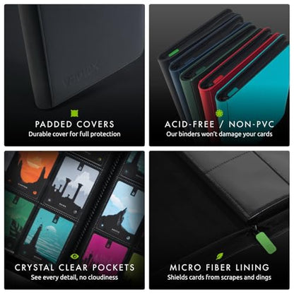 Vault X 12 Pocket Zip Trading Card Binder 480 Cards Exo-Tec (Black) | Holds 480 standard-size TCG cards in 20 side-loading 12-pocket pages. Padded, water-resistant Exo-Tec cover. - color: Black, size: 12 Pocket