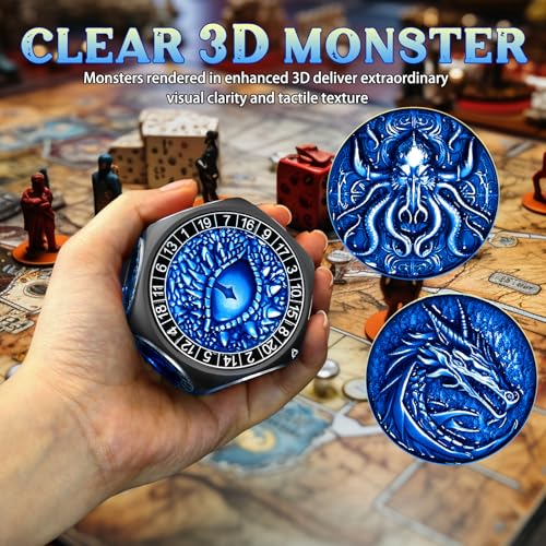 ZHOORQI 8-in-1 DND Dice Set – Metal Spinner Dice with Dual D20, 3D Monster Engravings & Smooth Spinning – Perfect for TTRPG, D and D Dungeons and Dragons Gifts(Black Dice- Blue) - color: Black Blue