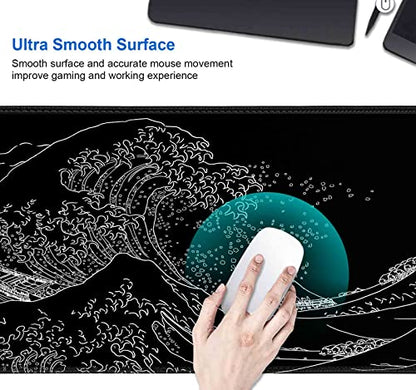 IMAYONDIA Japanese Great Wave Large Mouse Pad (35.4x15.7 in), Black Gaming Mouse Pad Anime XXL, Extended Kanagawa Mouse Mat Desk Pad, Non-Slip Rubber Base Long Computer Mice Pad - color: Japanese Great Wave