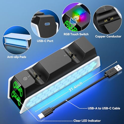 PS5 Controller Charger Station Compatible with DualSense & Edge Controllers, PS5 Charging Station Docking with RGB Light & LED Indicator for PS4 Controller Charger