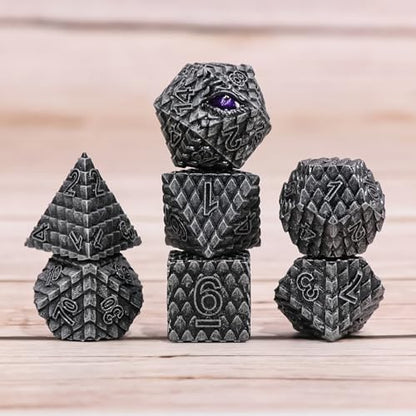 Metal Dice Set D&D,7 PCS Dragon Scale Metallic DND Dice Set,Dragon Eye Metal Dice with Grogeous Gift Case for Dungeons and Dragon Tabletop Game (Old Grey Dragon Scale & Purple Eye) - color: Old Grey Dragon Scale & Purple Eye