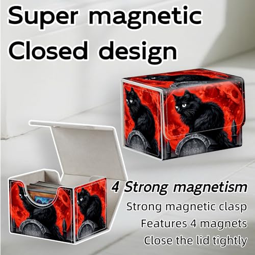 Trading Card Storage Box, Premium PU Leather with Magnetic Closure, Holds 100+ for MTG Cards, Black Cat & Red Moon Durable Deck Box for Magic the Gathering, Trading Card Games - color: Black Cat & Red Moon