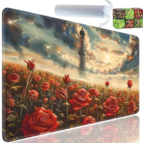 Playmat for MTG, 24x14 Inches Playmats, for TCG and CCG Trading Card Game Mat, Non-Slip Rubber for MTG Playmats with A Storage Bag and 6 Dice Set, Red Rose Garden Pattern - color: Yu-Playmat-1-A15