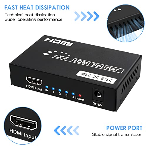 HDMI Splitter 1 in 4 Out, 4 Ports HDMI Splitter 4K@30Hz with Power Adapter, 1x4 HDMI Distributor Up to 100ft Long Distance Transmission, Support EDID 3D HD Distributor for PS4 Xbox Fire Stick HDTV