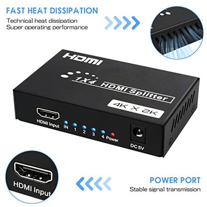 HDMI Splitter 1 in 4 Out, 4 Ports HDMI Splitter 4K@30Hz with Power Adapter, 1x4 HDMI Distributor Up to 100ft Long Distance Transmission, Support EDID 3D HD Distributor for PS4 Xbox Fire Stick HDTV