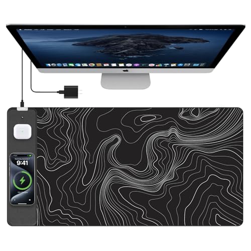 TopMade Mouse Pad with 15W Fast Wireless Charging, 31.5"x15.75" XXL Large Gaming Waterproof Desk Pad, Computer Desk Mat, Black Topographic Map #2 (Includes 20W PD Power Adapter & 6.56ft Woven Cable) - color: Black Topographic Map #2 With Adapter