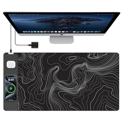 TopMade Mouse Pad with 15W Fast Wireless Charging, 31.5"x15.75" XXL Large Gaming Waterproof Desk Pad, Computer Desk Mat, Black Topographic Map #2 (Includes 20W PD Power Adapter & 6.56ft Woven Cable) - color: Black Topographic Map #2 With Adapter
