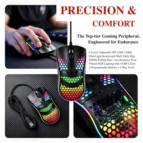 【Lightweight Honeycomb Design】 Ergonomic Wired Gaming Mouse, 1600 DPI, 4 Buttons, RGB Rainbow LED Backlit, 1.3M USB Cable, Plug & Play for PC/MAC Gamers - color: Black, size: Professional Mouse