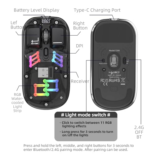 Wireless Bluetooth Mouse, Transparent BT + 2.4G Dual-Mode Mechanical Mouse with Magnetic Top Cover, Rechargeable RGB Backlit Gaming Mouse for Gaming/Esports/Desktop/Laptops/Tablets (Black) - color: Black