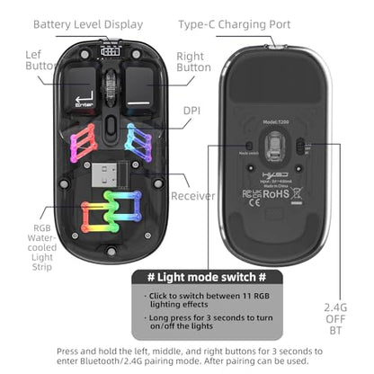 Wireless Bluetooth Mouse, Transparent BT + 2.4G Dual-Mode Mechanical Mouse with Magnetic Top Cover, Rechargeable RGB Backlit Gaming Mouse for Gaming/Esports/Desktop/Laptops/Tablets (Black) - color: Black