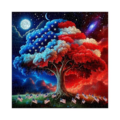 Tree of Life Puzzles for Adults 1000 Pieces, United States Patriotic American Flag Jigsaw Puzzle, Challenging USA 250th Anniversary Plant Stars Moon Galaxy Puzzle - color: Freedom Branch