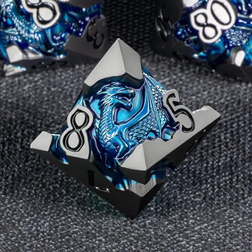 Roycevon Relief Dragon DND Dice Set for Role Playing Game, 7Pcs Metal D&D Dice Set Dungeons Dragons with Gift Box, Polyhedral D and D Dice D20 D12 D10 D8 D6 D4, Blue and Black - color: Blue and Black