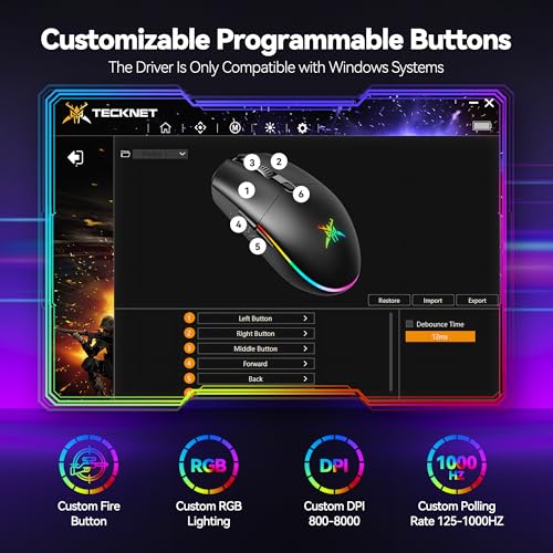 TECKNET Gaming Mouse, Wireless Gaming Mouse with 6 Programmable Buttons, RGB Backlit, Rechargeable Wireless Mouse UP to 8000 DPI, Macro Edit, 70Hrs for Laptop, PC, Mac Gamer (Full Black)