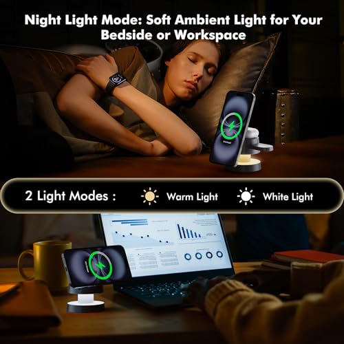 3-in-1 Wireless Charging Station,15W Fast Charging Foldable Magnetic Stand Wireless Charger with Night Light Compatible with iPhone 17,16/15/14/13/12 Pro Max,Airpods,Apple Watch