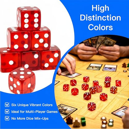 12 Piece 19 mm Casino Style Dice Set, Acrylic Translucent D6 Dice with Square Rounded Edge, Red for Craps, Table Games, Board Games, RPG, MTG, DND(Red) - color: Red