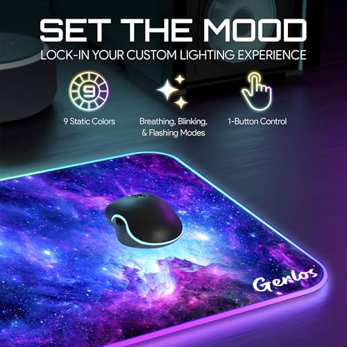 Gerlos RGB Gaming Mouse Pad, Large LED Desk Mat, 31.5 x 11.8 Inch | 12 light modes, non-slip base, water-resistant surface, stitched edges - color: Cosmic Glow