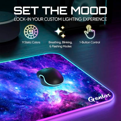 Gerlos RGB Gaming Mouse Pad, Large LED Desk Mat, 31.5 x 11.8 Inch | 12 light modes, non-slip base, water-resistant surface, stitched edges - color: Cosmic Glow