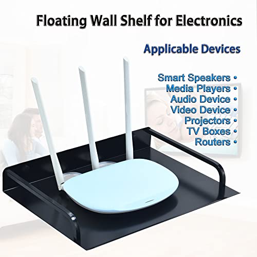 HNVNER Black Floating Media Shelf for Router Streaming TV Box, 12x10 Inch | Anodized Aluminum, Cable Hole, Open Design for Cooling, Wide 12-inch Surface, Wall Shelf fits Cable Box Small Projector - color: 1 Layer-large-1pcs