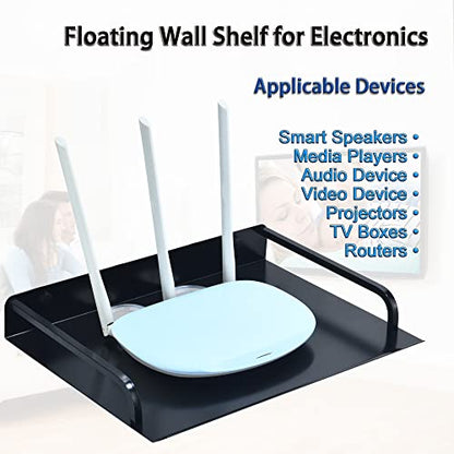 HNVNER Black Floating Media Shelf for Router Streaming TV Box, 12x10 Inch | Anodized Aluminum, Cable Hole, Open Design for Cooling, Wide 12-inch Surface, Wall Shelf fits Cable Box Small Projector - color: 1 Layer-large-1pcs