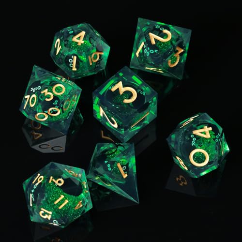 Liquid Core DND Dice Set, 7 Pcs Resin Sharp Edge Polyhedral Dice Quicksand Cat D&D Dice for Dungeons and Dragons RPG Role Playing Table Games