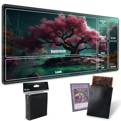 Board Game Mat TCG Playmat Plus 50 Pcs Card Sleeves, 24 x 14 inches Table Mats Games Mousepad with Zones Smooth Surface for MTG RPG CCG Trading Card Game Play Mats, Pink Cherry Trees - color: Pink Cherry Trees, size: Zone 1