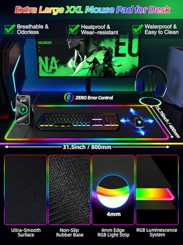 Mouse Pad with Wireless Charger Foldable Phone Holder, XXL RGB Gaming Mousepad 31.5"x15.8" Large Desk Mat for Keyboard, Black Desk Pad with Dual Qi Charging Station, 11 Colors 5 Modes - color: Black-Phone Holder-31.5"x15.8"