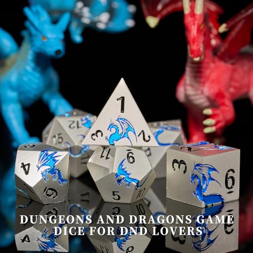 Metal Dragon DND Dice Set,7-Piece RPG Dice,Silver Blue | Zinc alloy polyhedral dragon dice set with easy-to-read numbers and a magnetic gift box for DND players and collectors. - color: Matte Silver With Blue