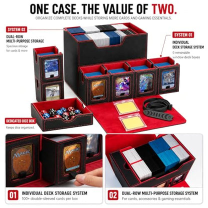 MTG Deck Box for Commander & TCG, Trading Card Storage Box with Handle | 7-in-1 Cards Deck Case with dual-sided windows, 2-layer design, 6 deck case, 1 dice tray, 6 magnetic holders & accessories - color: Super Large - Black Red