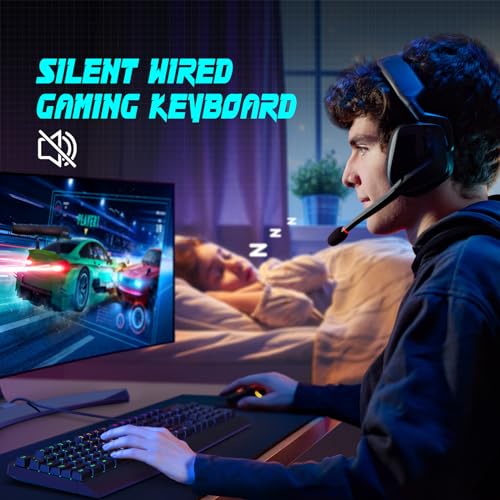 yesbeaut Gaming Keyboard, 7-Color Rainbow LED Backlit, 104 Keys Quiet Light Up Keyboard, Wrist Rest, Whisper Silent, Anti-ghosting Multimedia Keys, Waterproof USB Wired Keyboard for PC Mac Xbox - color: black