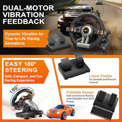 PXN V3 Pro Gaming Steering Wheel with Pedals | Dual Motor Vibration Feedback, Beginner Sim Racing Wheel for PC, PS4, Xbox Series S, Xbox Series X, Xbox One and Switch - color: Black
